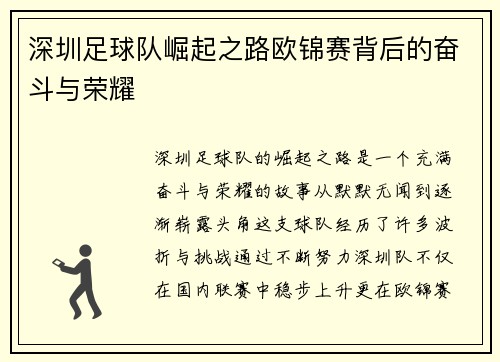 深圳足球队崛起之路欧锦赛背后的奋斗与荣耀