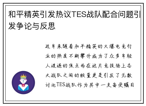 和平精英引发热议TES战队配合问题引发争论与反思