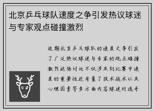 北京乒乓球队速度之争引发热议球迷与专家观点碰撞激烈
