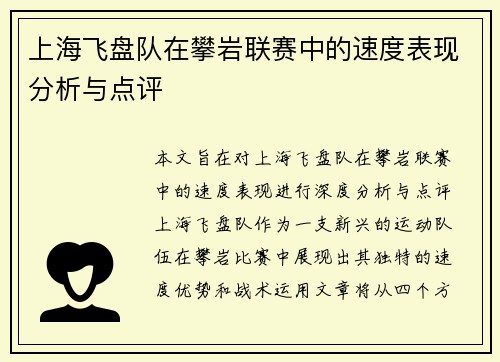 上海飞盘队在攀岩联赛中的速度表现分析与点评