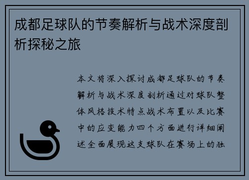 成都足球队的节奏解析与战术深度剖析探秘之旅