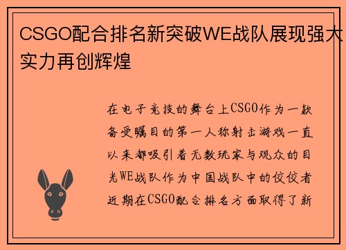 CSGO配合排名新突破WE战队展现强大实力再创辉煌