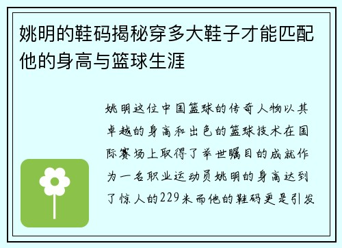 姚明的鞋码揭秘穿多大鞋子才能匹配他的身高与篮球生涯