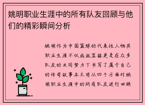 姚明职业生涯中的所有队友回顾与他们的精彩瞬间分析