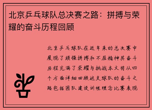 北京乒乓球队总决赛之路：拼搏与荣耀的奋斗历程回顾