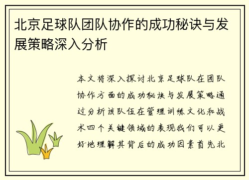 北京足球队团队协作的成功秘诀与发展策略深入分析