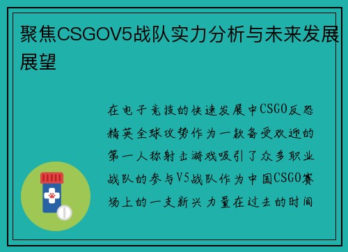 聚焦CSGOV5战队实力分析与未来发展展望