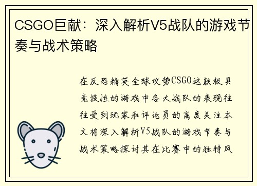 CSGO巨献：深入解析V5战队的游戏节奏与战术策略