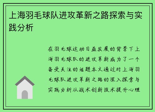 上海羽毛球队进攻革新之路探索与实践分析