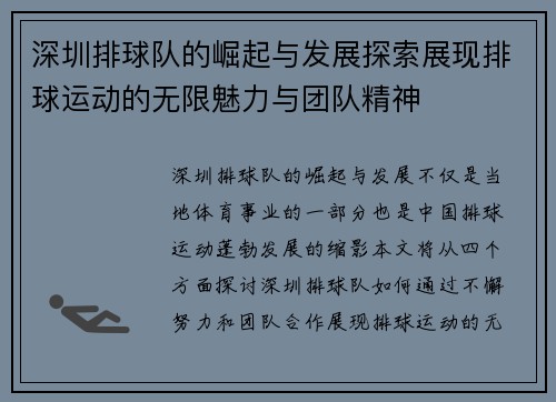 深圳排球队的崛起与发展探索展现排球运动的无限魅力与团队精神